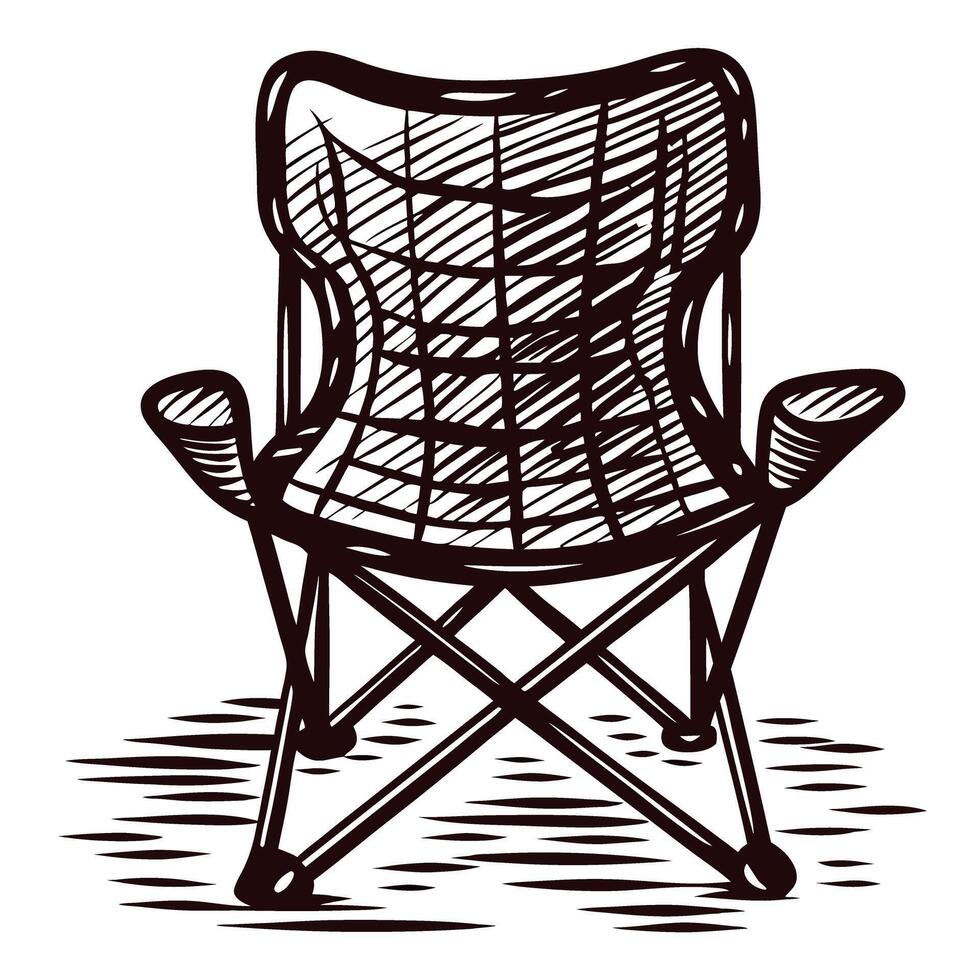 Sketch of a folding chair with armrests featuring lined shading in hand drawn vector