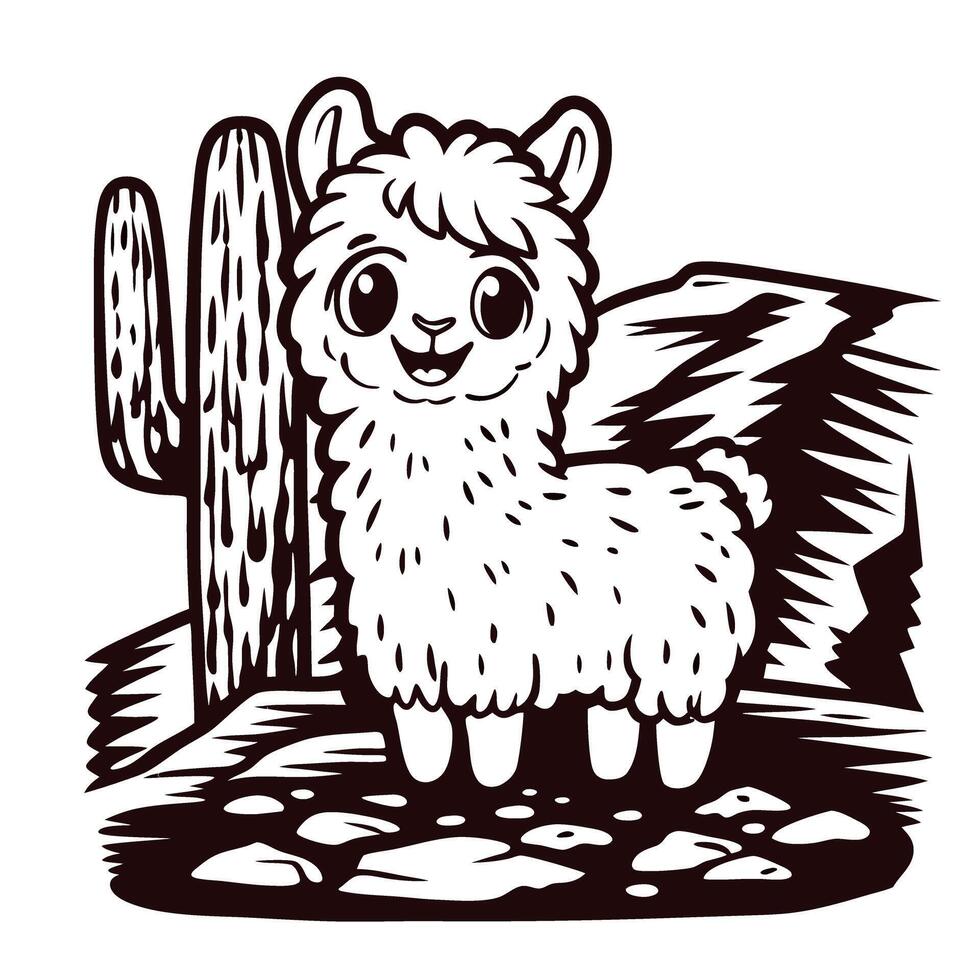 Cute llama in desert landscape with cactus and mountains vector