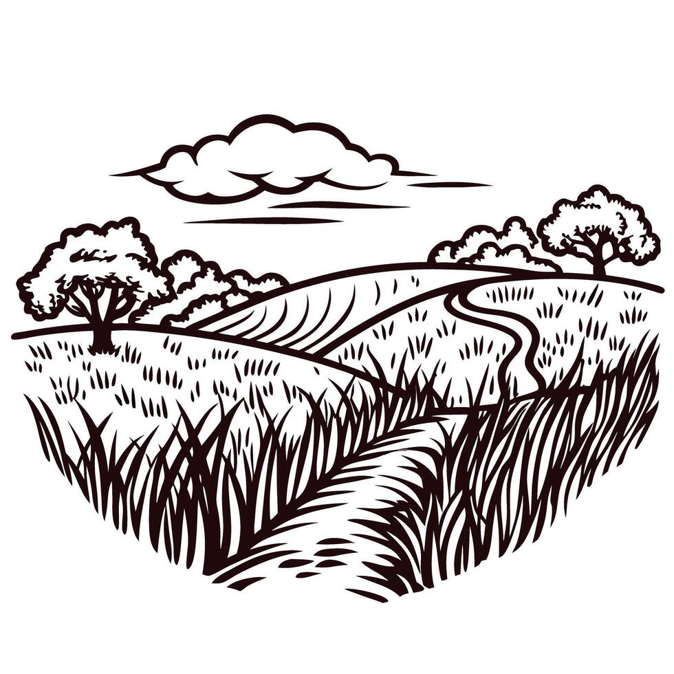Scenic rural landscape with rolling hills and clouds in black and white vector
