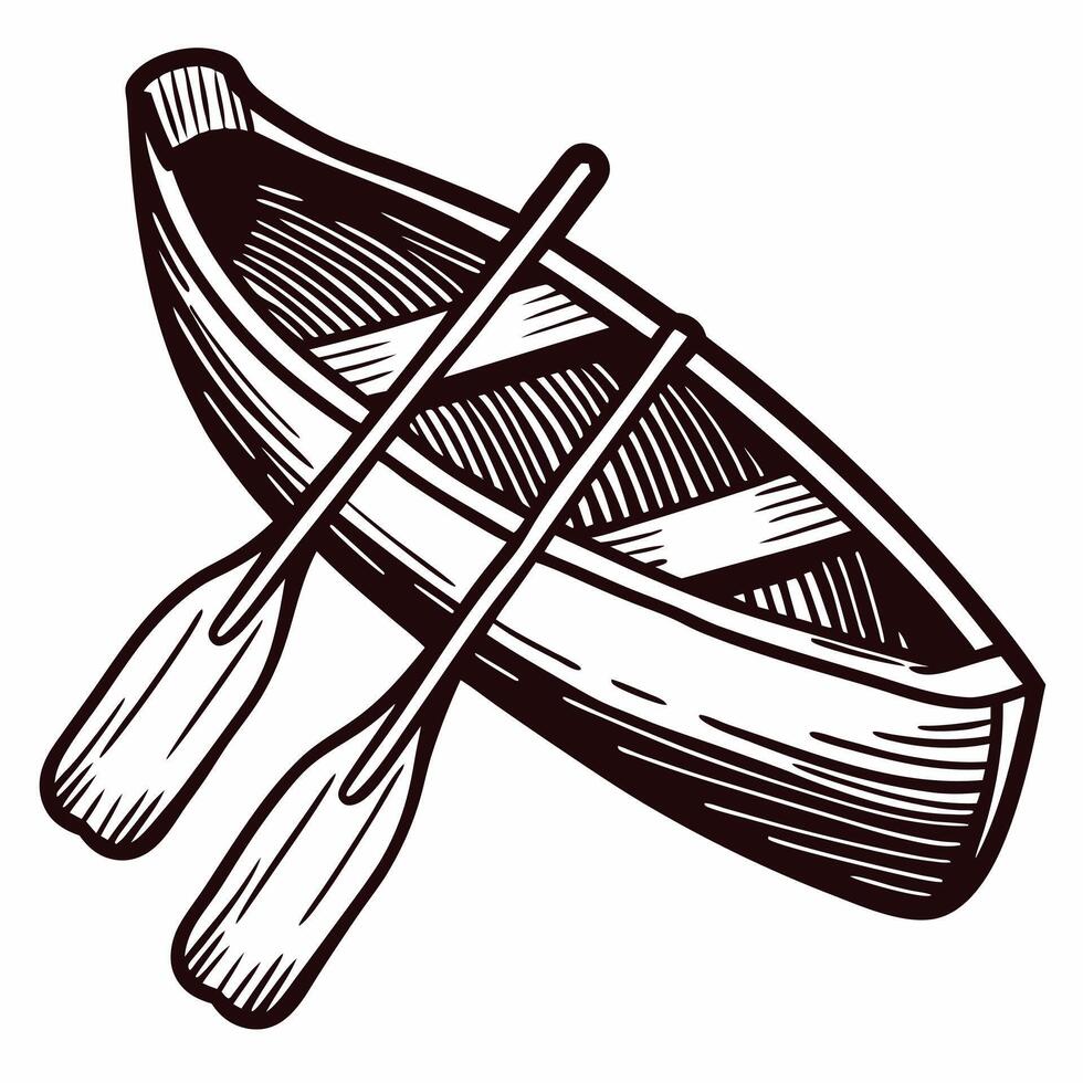 Wooden canoe with paddles in classic black and white drawing vector
