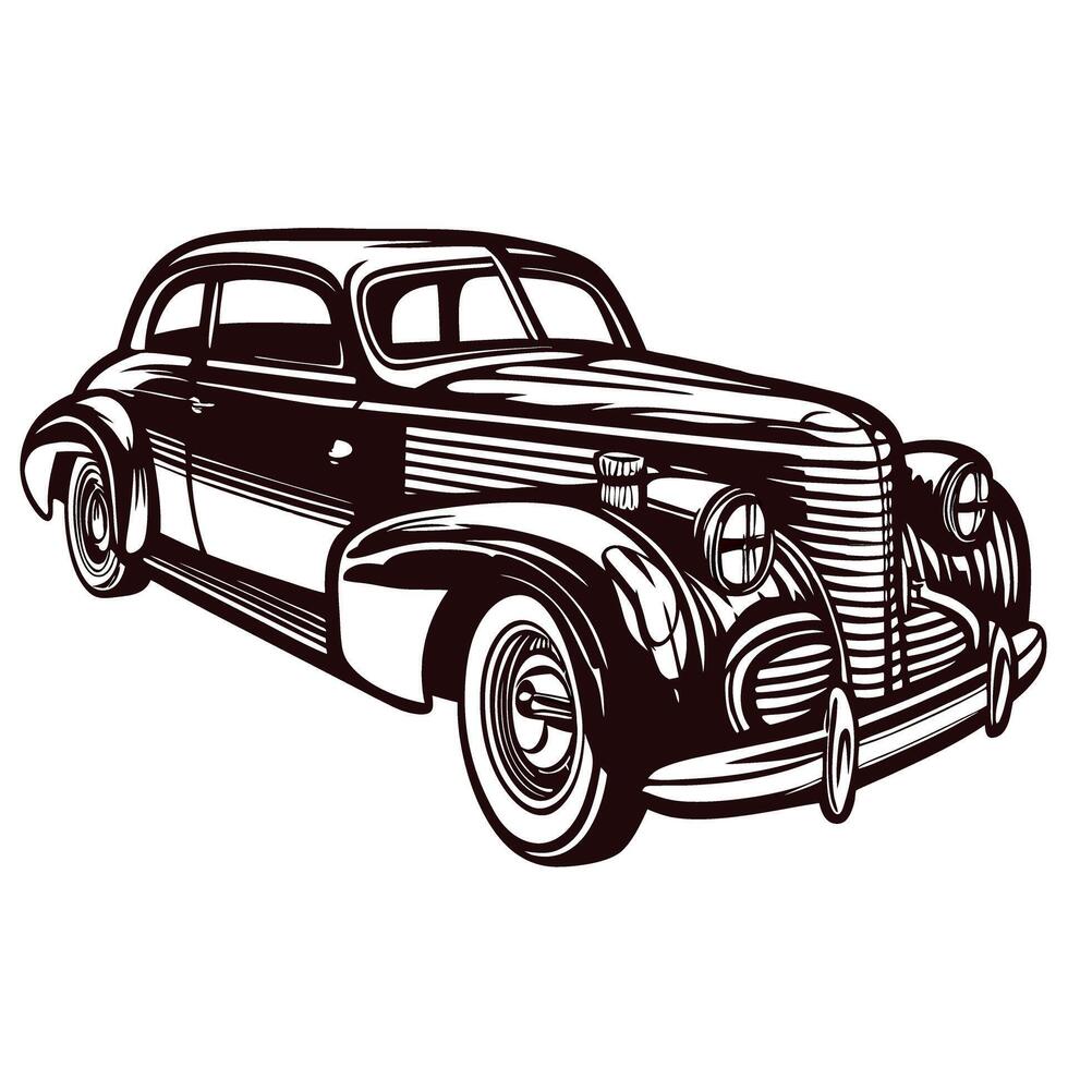 Vintage classic car drawing with detailed design in black and white vector