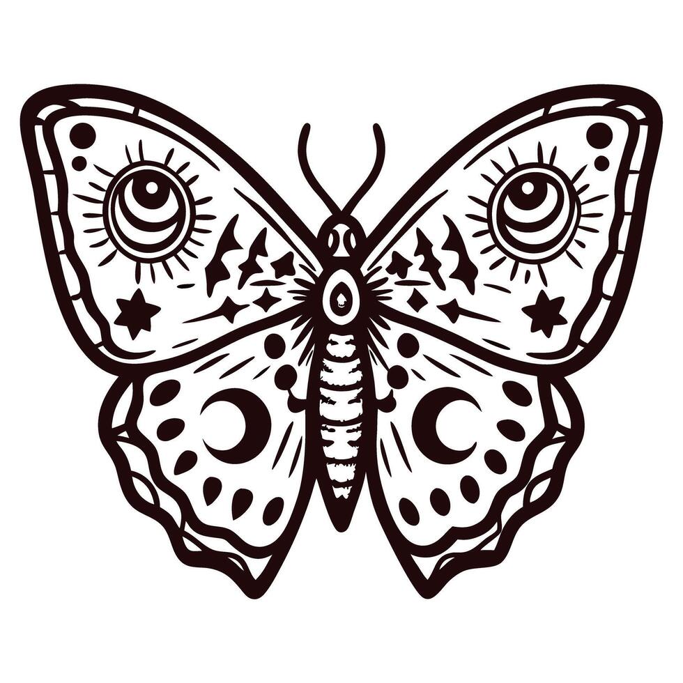 Intricate black and white butterfly tattoo design with mystical elements vector