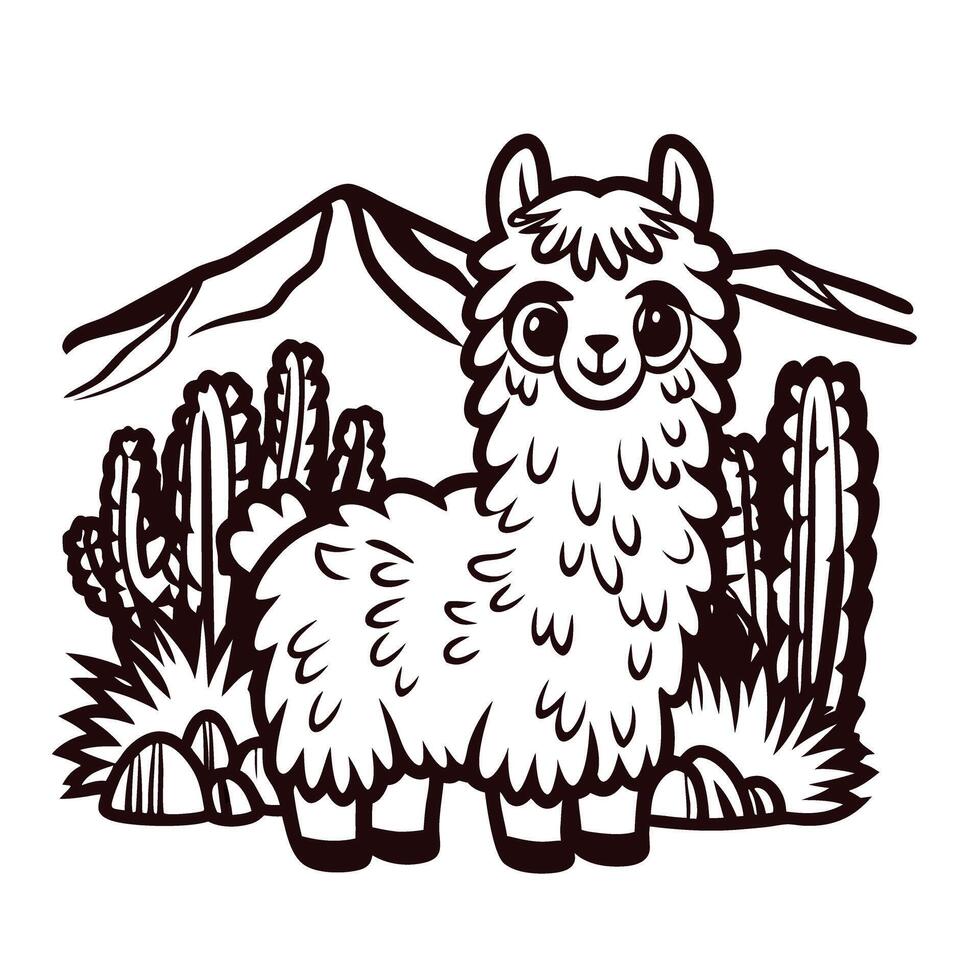 Adorable alpaca group with mountain and cactus in cute vector