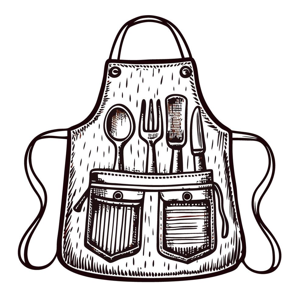 Vintage apron with cutlery in black and white drawing vector