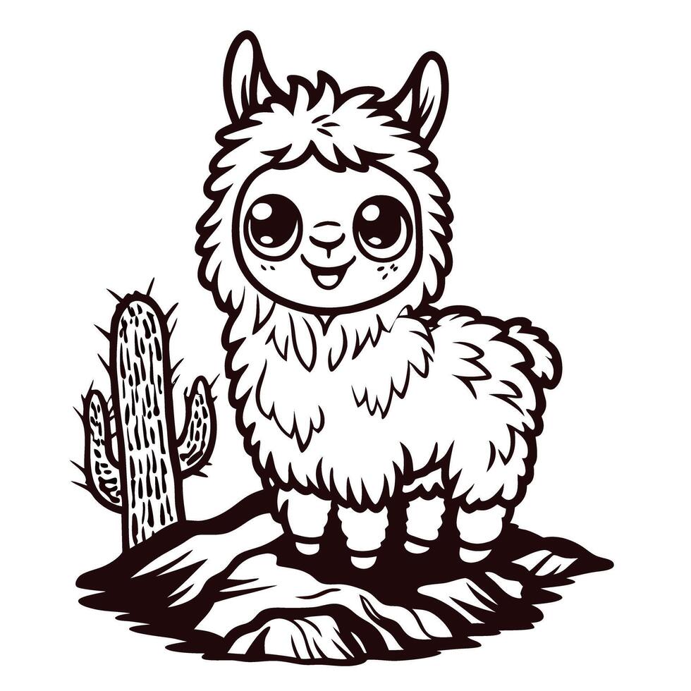 Adorable llama in desert landscape with cactus vector