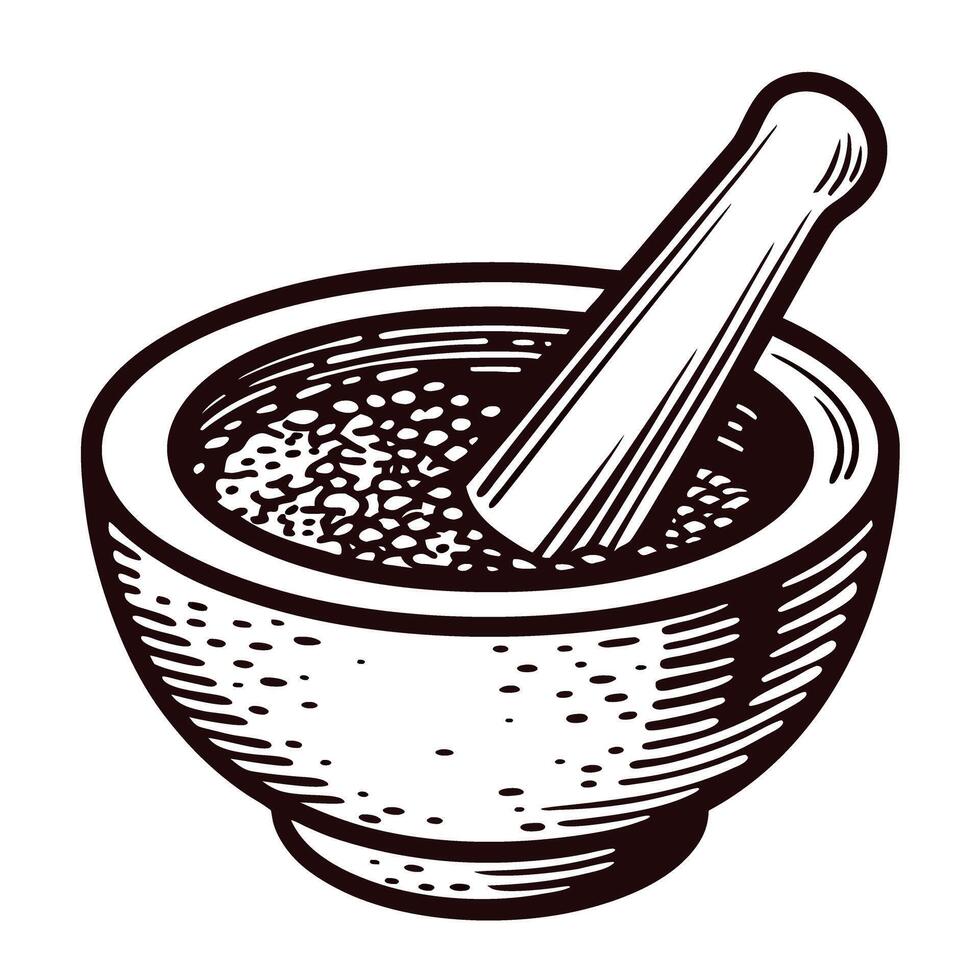Vintage mortar and pestle with detailed engraving for grinding spices and herbs in apothecary setting vector
