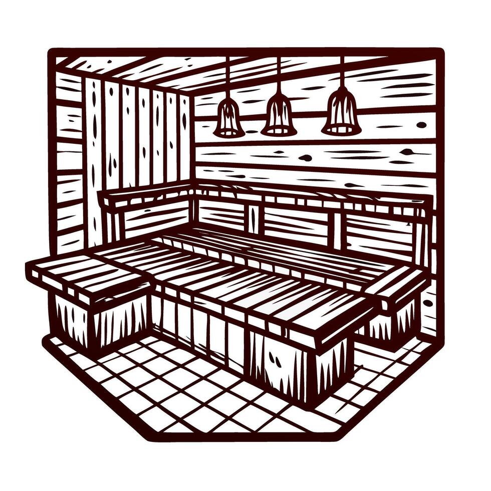 Rustic wooden sauna room with benches and hanging lights in cozy interior setting vector