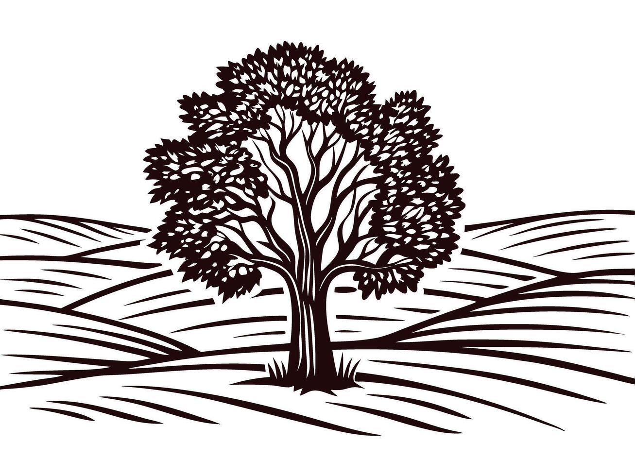 Detailed tree with expansive branches in stylized landscape design vector