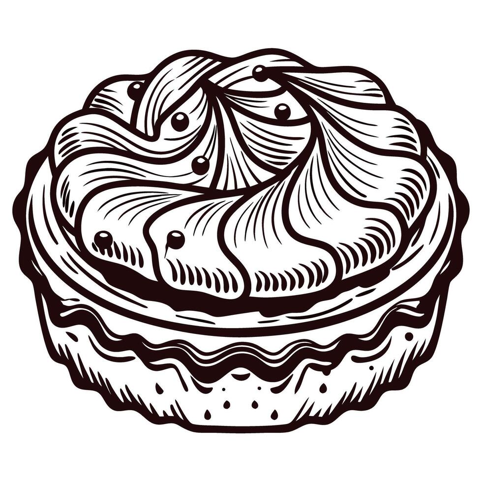 Intricate black and white of a decorative tart with swirling frosting patterns vector