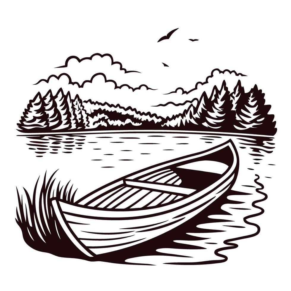 Tranquil lake landscape with wooden boat and scenic pine trees in black and white vector