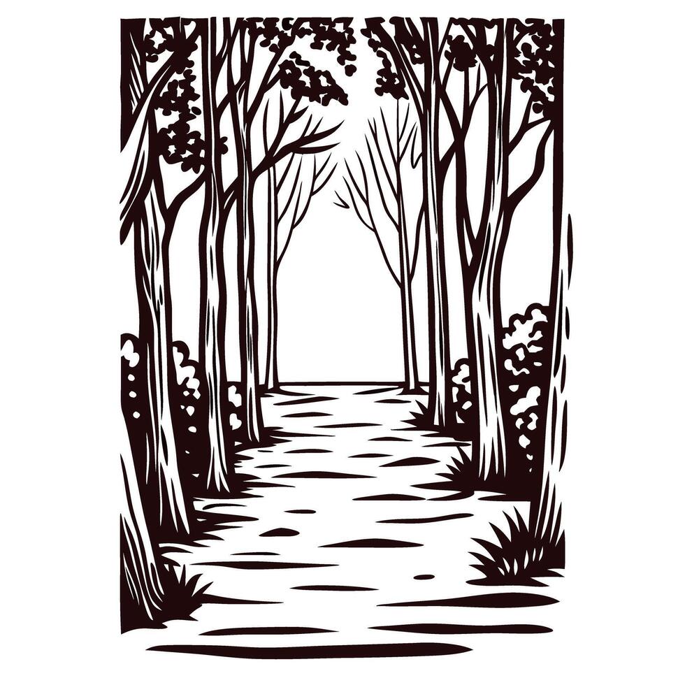 Black and white forest pathway with tall trees in a serene woodland setting vector