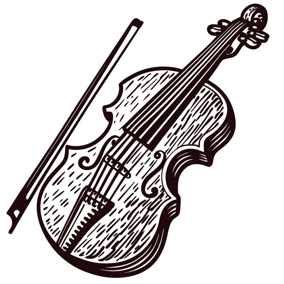 Intricate drawing of a violin and bow with detailed wood texture in black and white vector