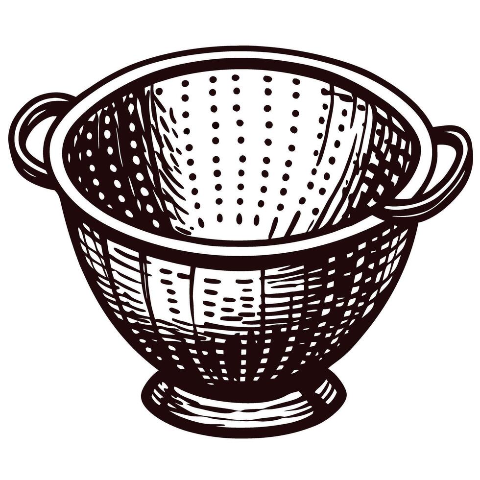 Vintage metal colander with hand drawn design and detailed texture vector