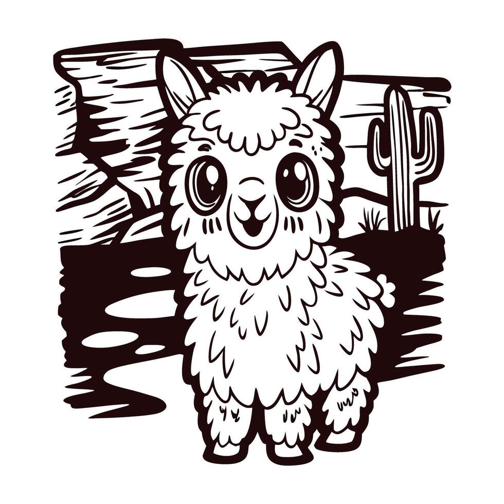 Adorable llama standing in desert with cactus and rocks vector