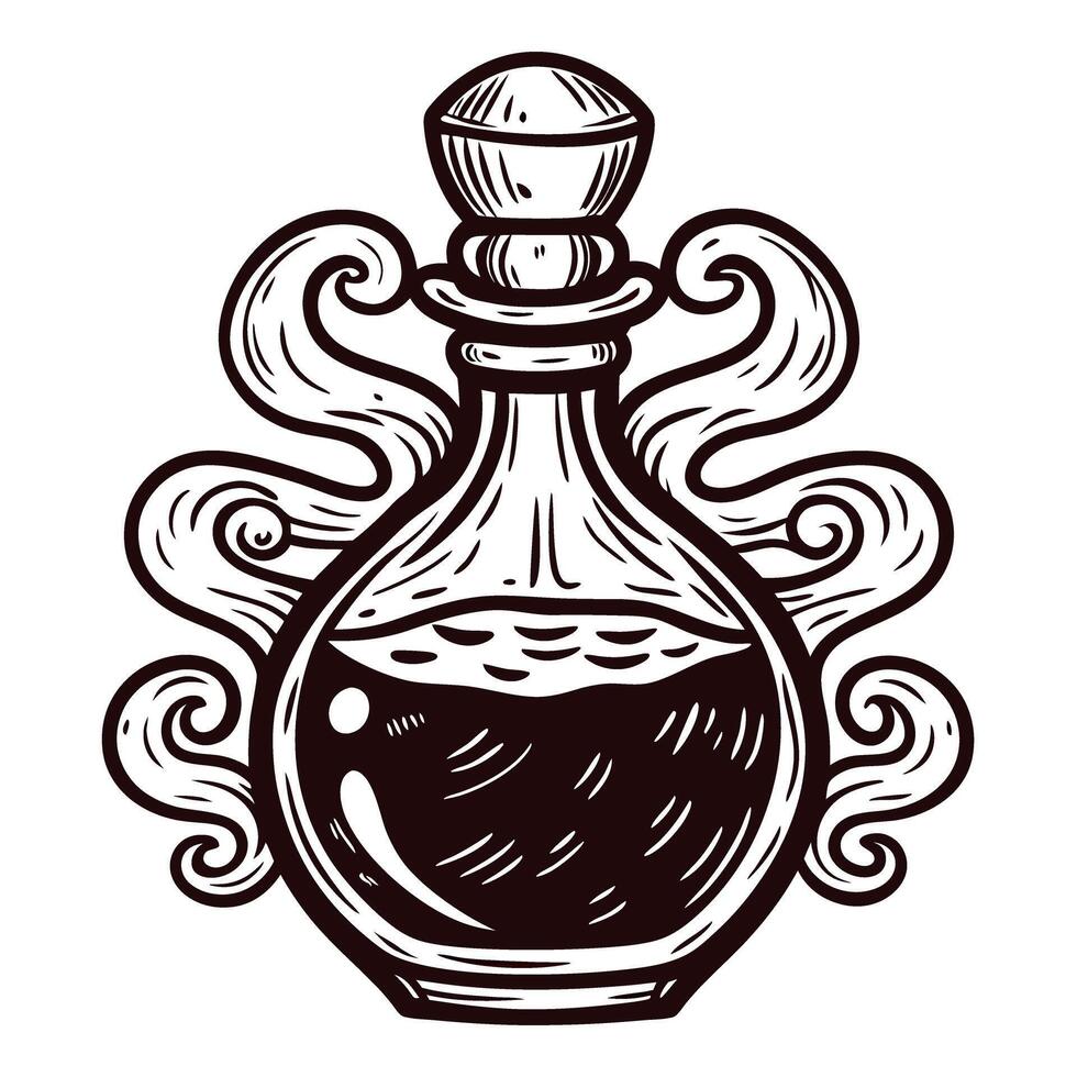 Vintage potion bottle with decorative swirls in black and white design vector