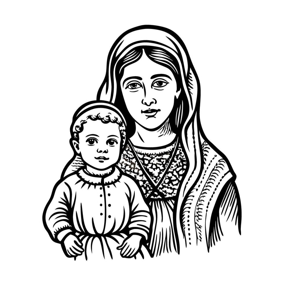 Caucasian woman and child in traditional attire monochrome line art portrait with vintage vector
