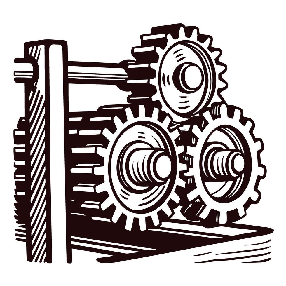Hand drawn gears in motion with interlocking cogs design vector