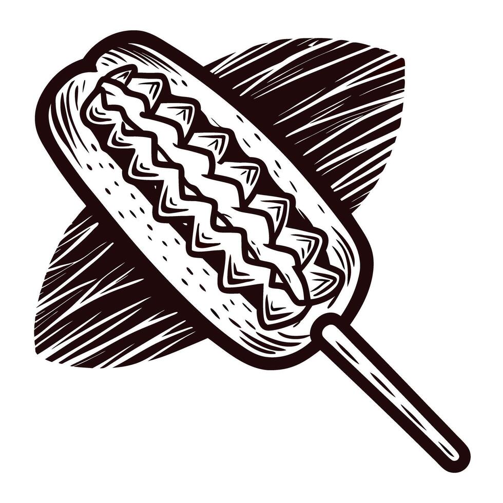 Detailed sketch of a corn dog with mustard on a stick vector