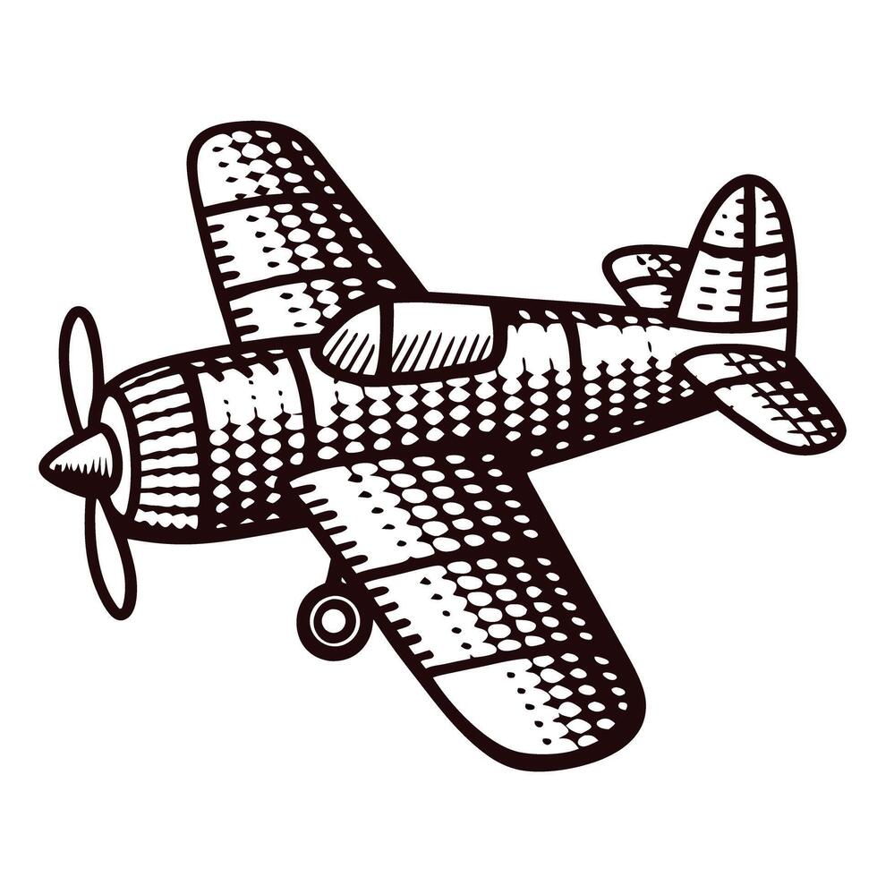 Vintage airplane with detailed textile pattern design in black and white vector