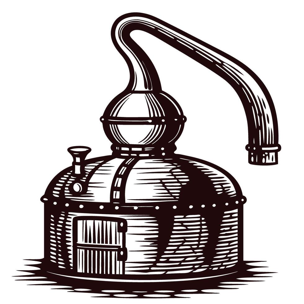 Vintage distillation apparatus for crafting spirits in rustic setting vector