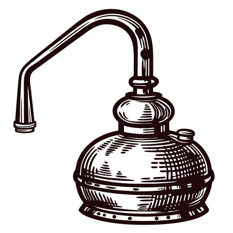 Vintage distillation apparatus detailed line art of a classic alembic still for spirit production vector