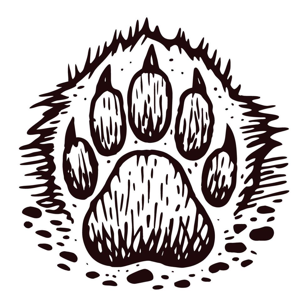Black bear paw print with claw details in ink vector