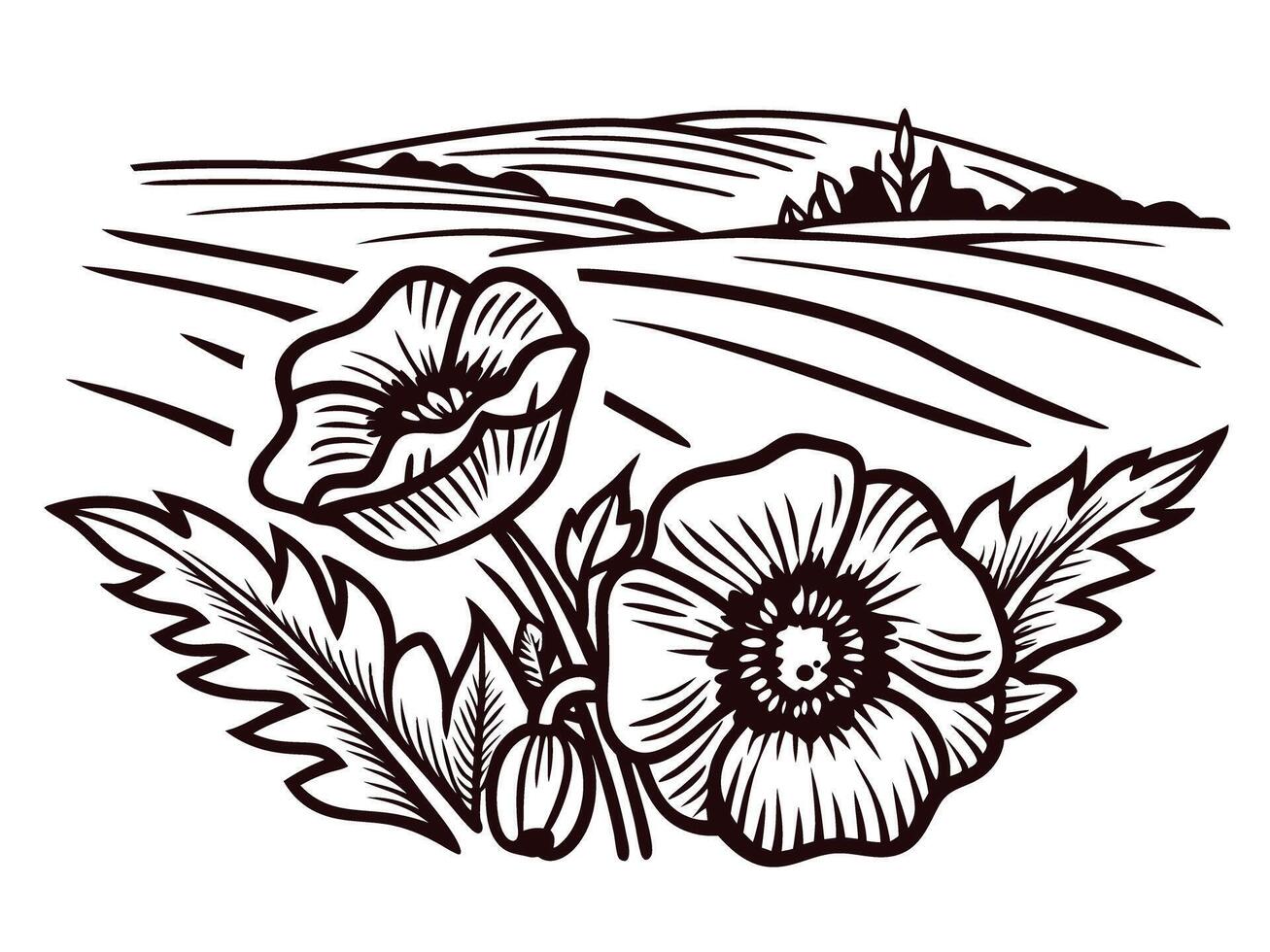 Field landscape with blooming poppies and gently rolling hills in black and white vector