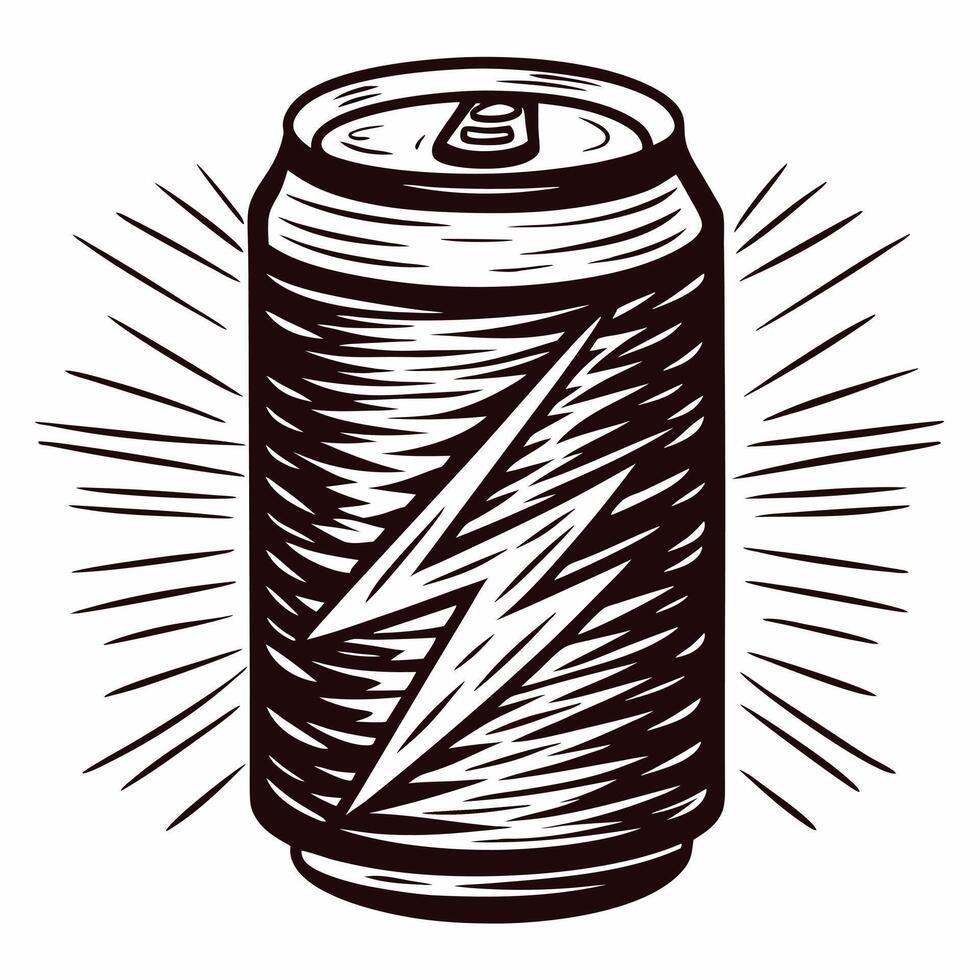 Monochrome sketch of energy drink can with lightning motif vector