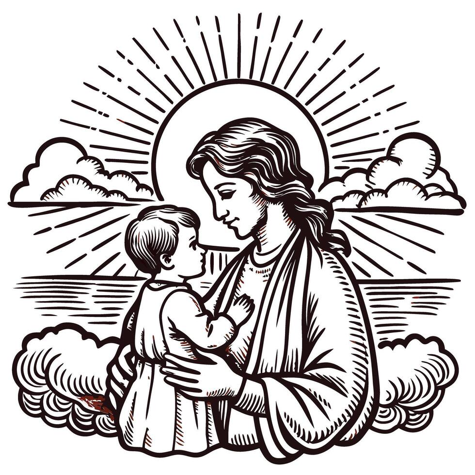 title woman embracing child with sunburst and clouds in background vector