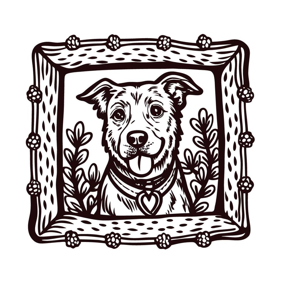 Happy dog with heart collar framed by floral border in black and white vector