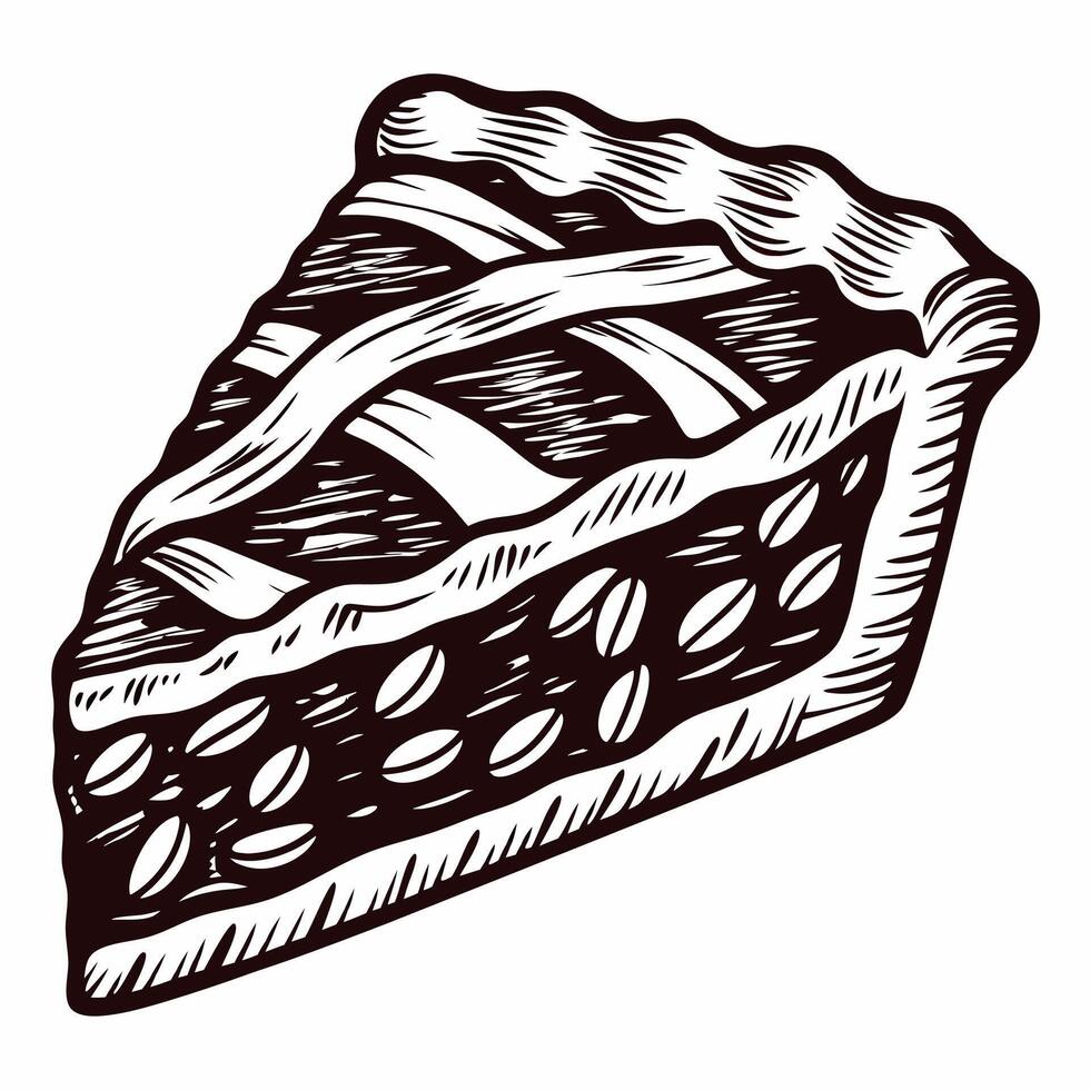 Delicious slice of berry pie with lattice crust sketch in black and white vector