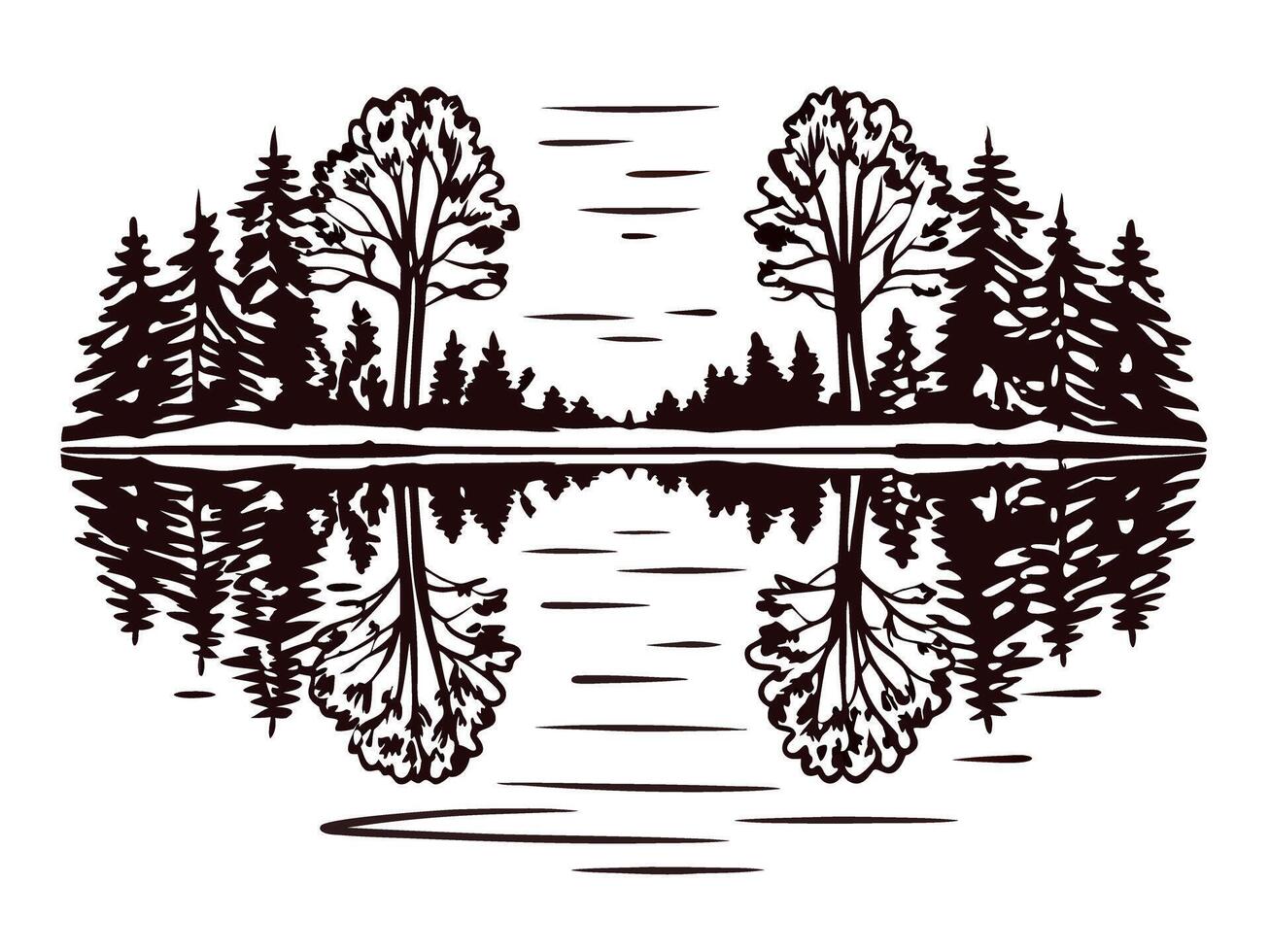 Symmetrical forest and lake reflection with trees and tranquil water scene vector