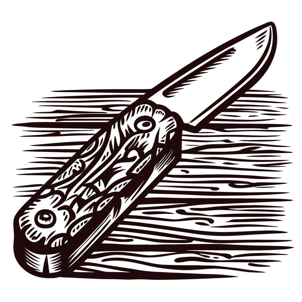 Intricate folding knife with patterned handle on wooden surface in detailed engraving vector
