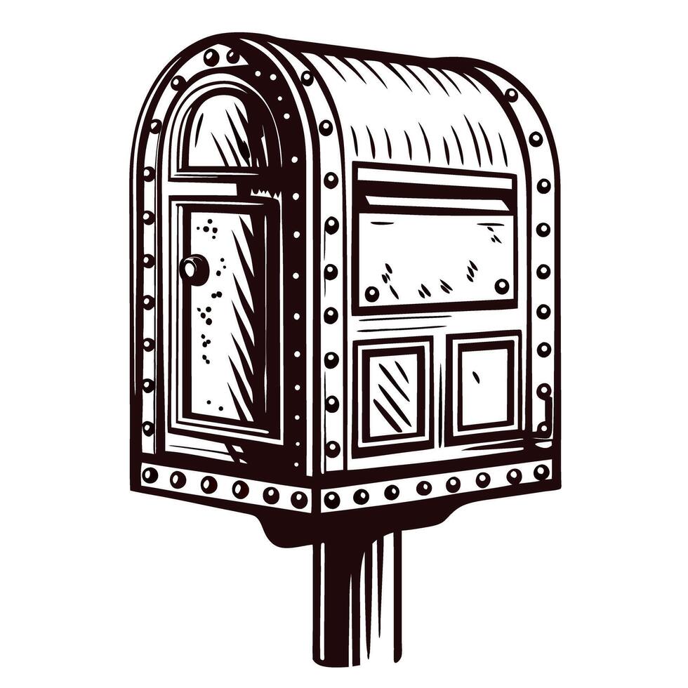 Vintage metal mailbox design with rivets and rounded top on post vector