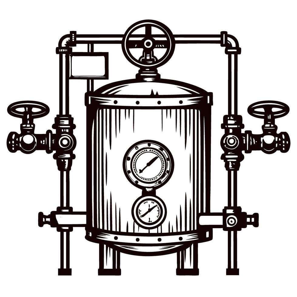 Vintage industrial pressure vessel with valves and gauges in detailed vector