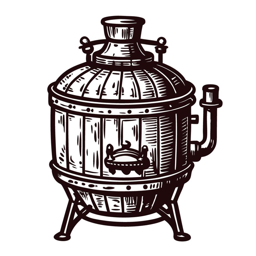 Vintage metal distillery apparatus with pipes and valve in black and white design vector