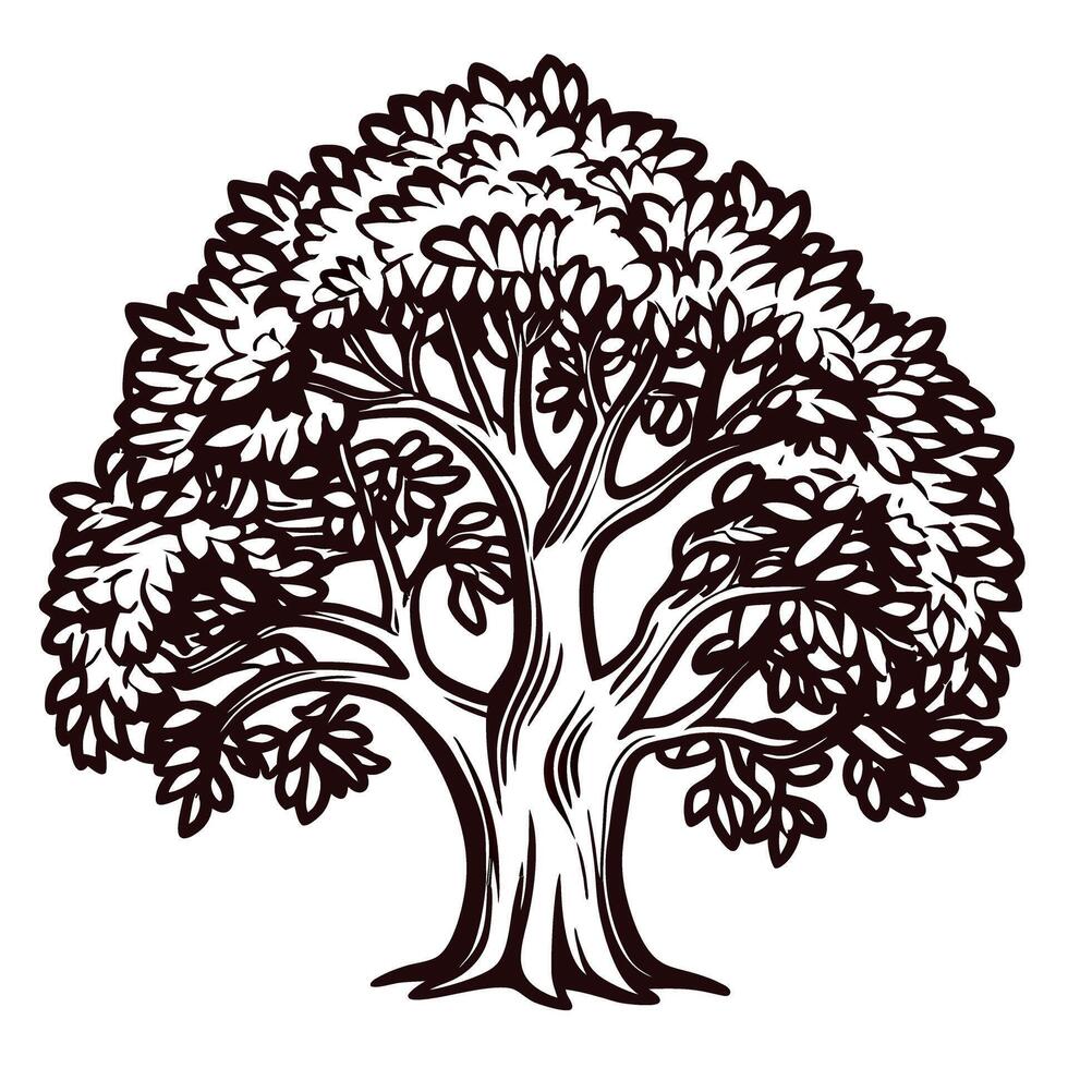 Intricate of a majestic oak tree with lush canopy and detailed trunk in black and white vector
