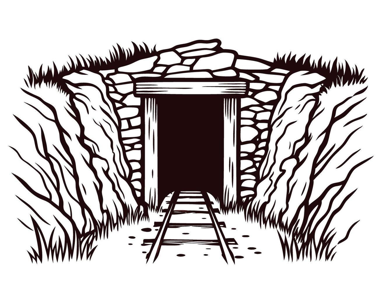 Historic mining tunnel entrance with railroad tracks surrounded by rocky terrain vector