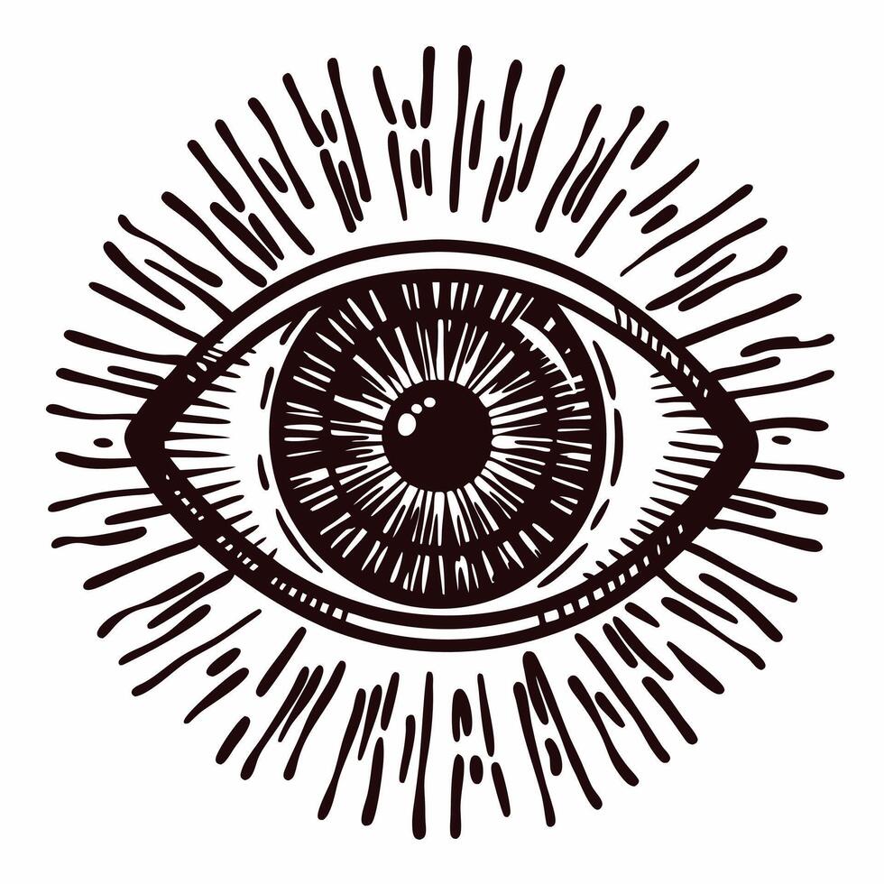 Vintage eye with radiant patterns in black and white vector