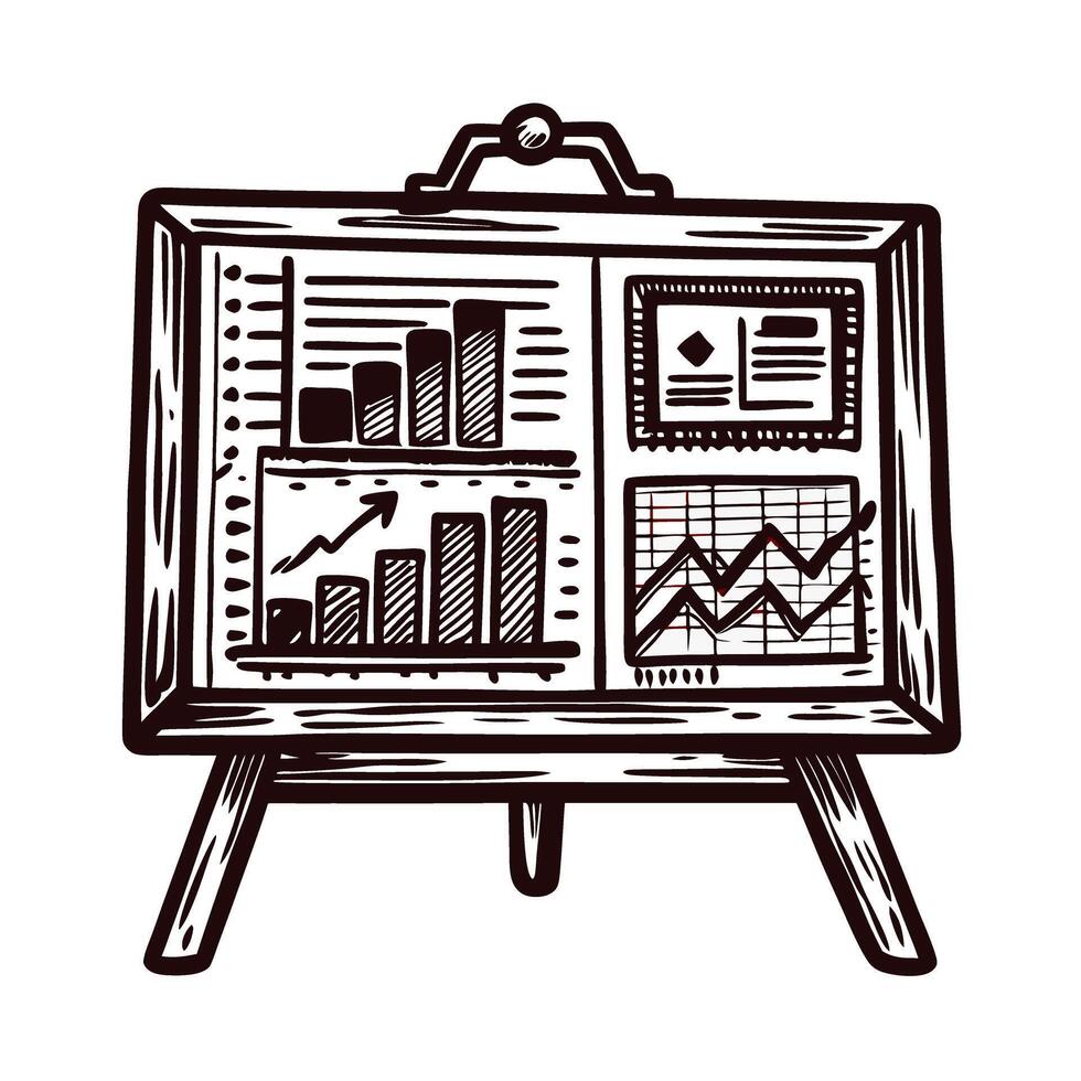 Hand drawn wooden easel with graphs and charts displaying fluctuating market trends vector