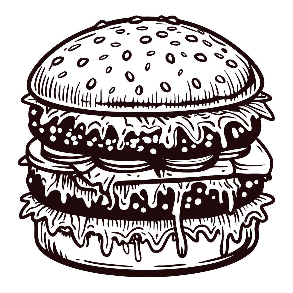 Black and white of a double cheeseburger with lettuce and sauce vector