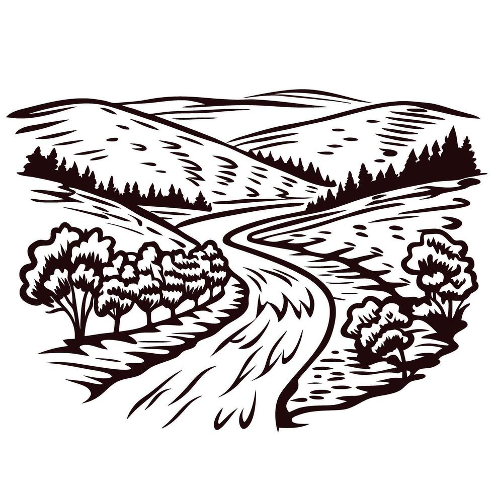 Scenic countryside landscape with rolling hills, trees, and winding path in black and white vector
