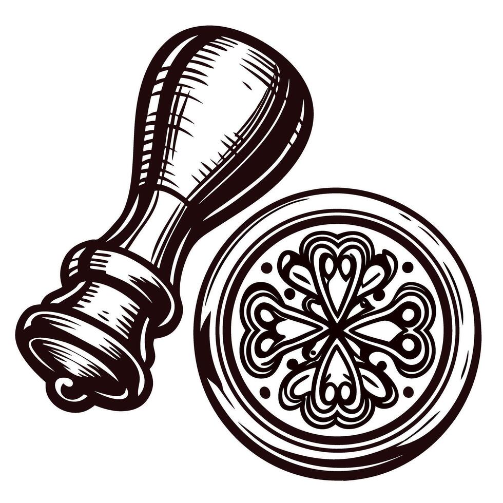 Vintage wooden stamp with intricate heart and floral patterns vector