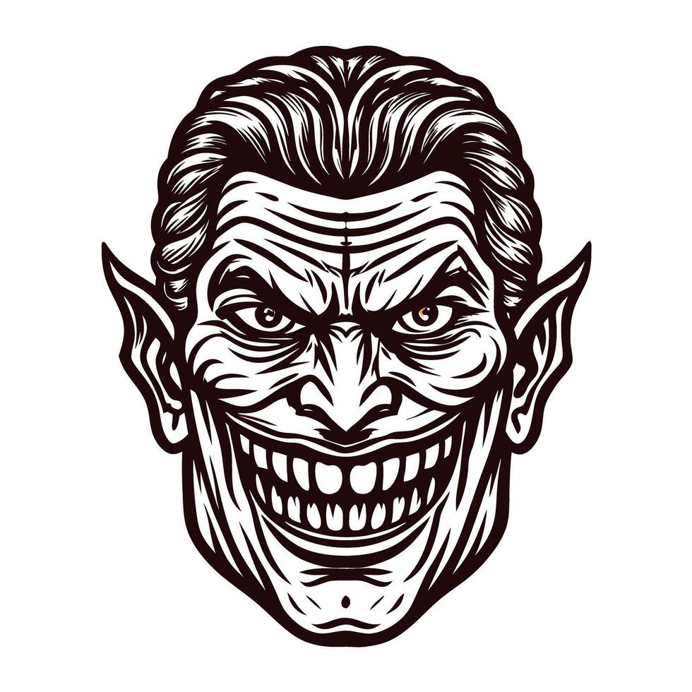 Sinister grinning villain head with sharp features and menacing expression vector