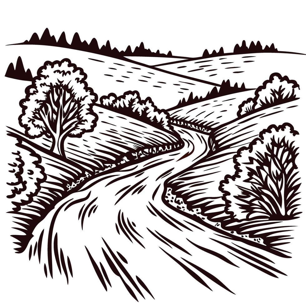 Scenic countryside landscape with rolling hills and winding path in black and white vector