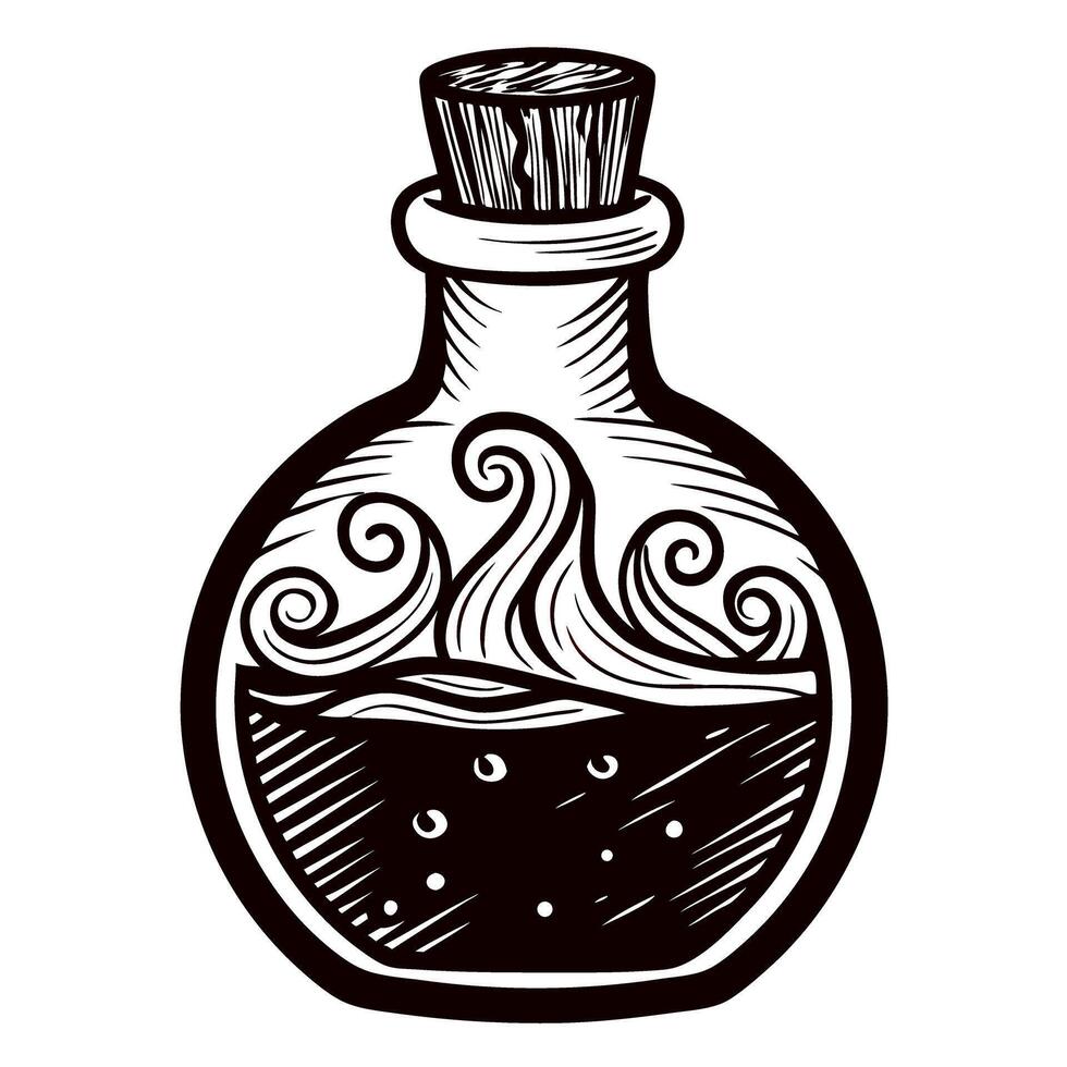 Vintage potion bottle with swirling liquid and cork stopper in black and white vector