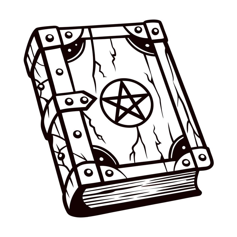 Ancient grimoire with enchanted pentagram symbol on weathered cover in monochrome design vector