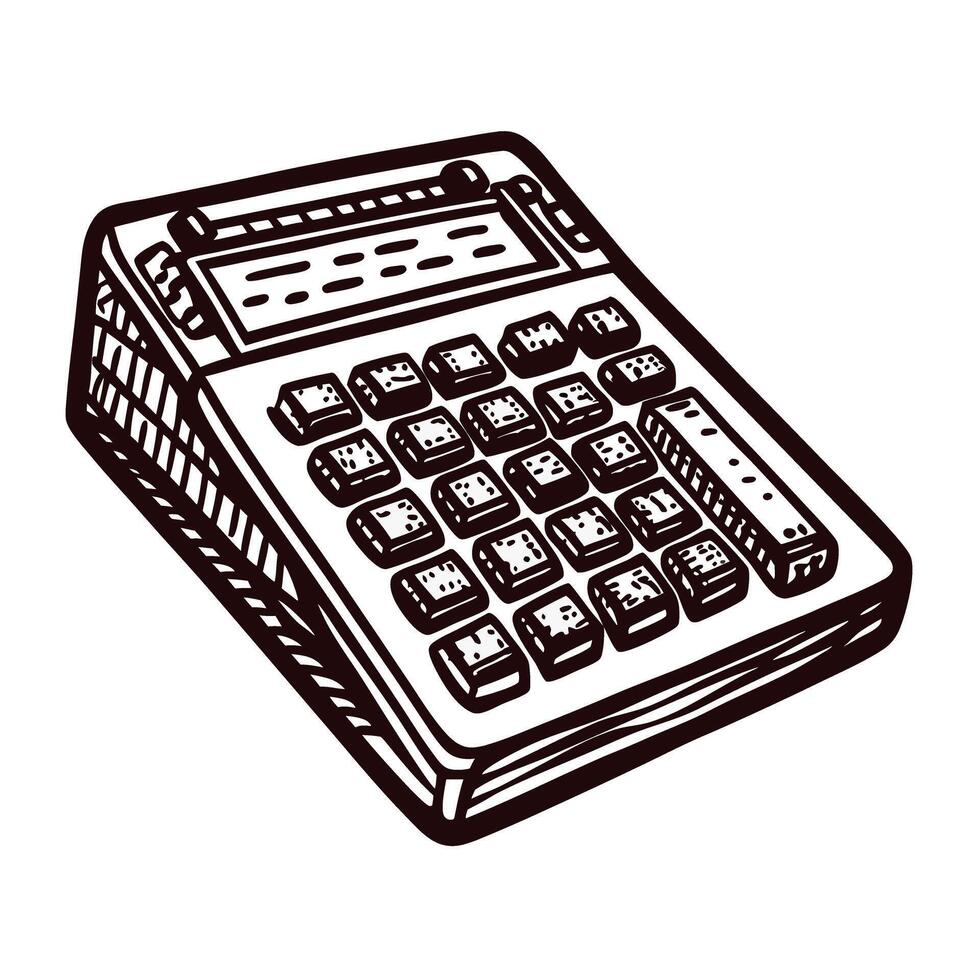 of a retro electronic calculator with detailed keypad design in black and white vector