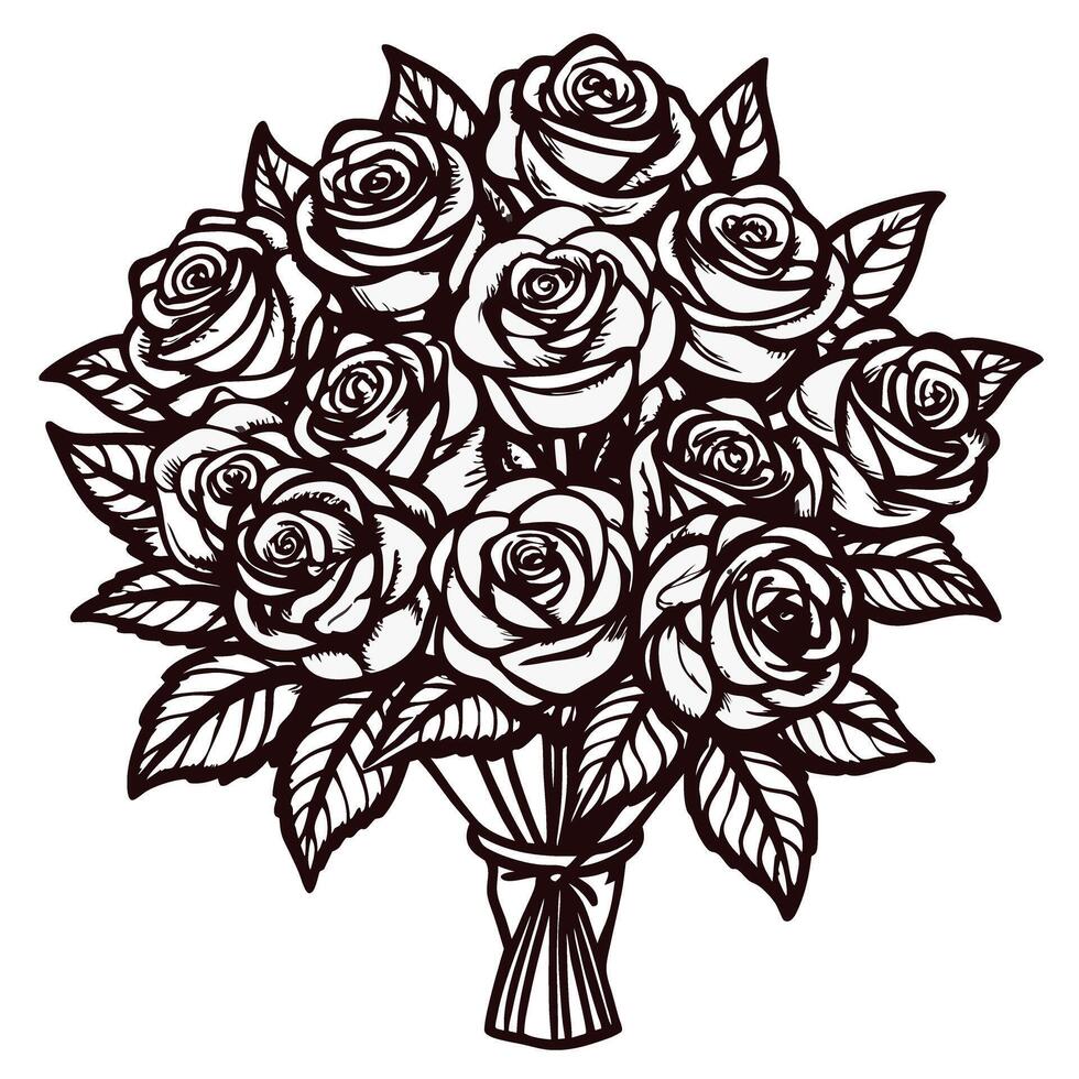 Intricate black and white rose bouquet with detailed petals and leaves vector