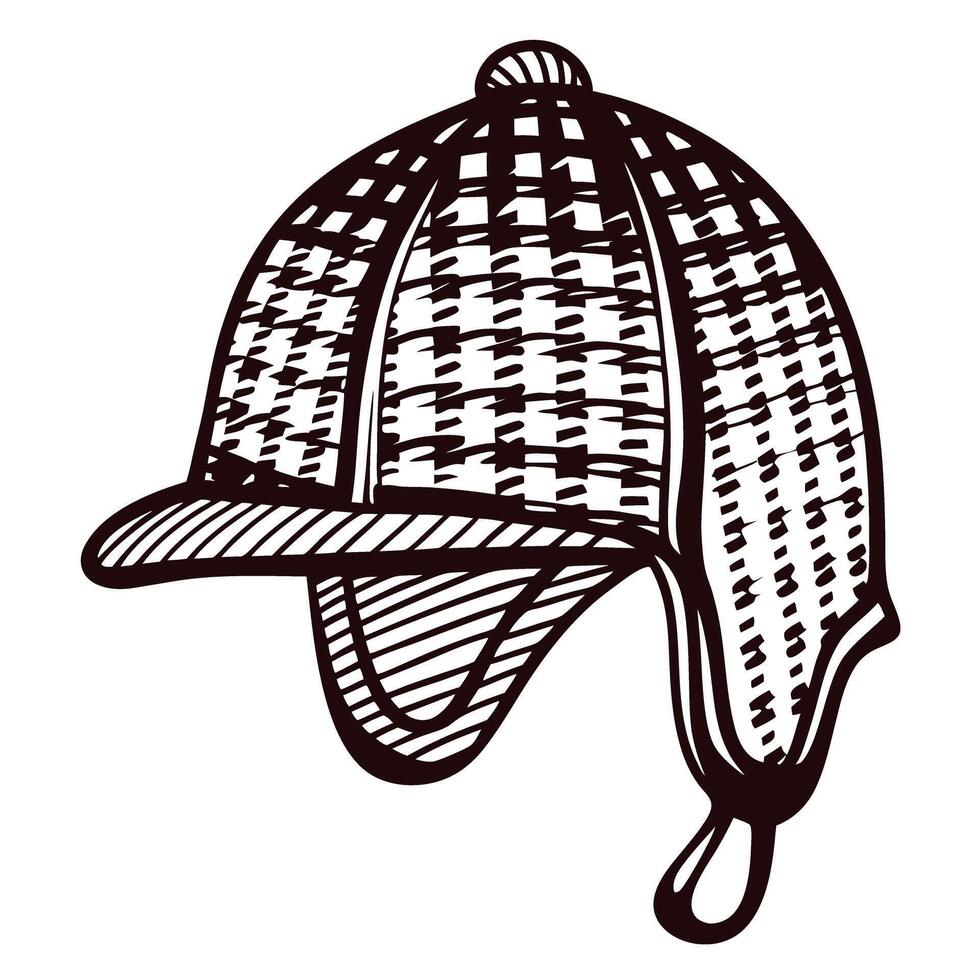 Vintage houndstooth deerstalker hat sketch with ear flaps and brim vector